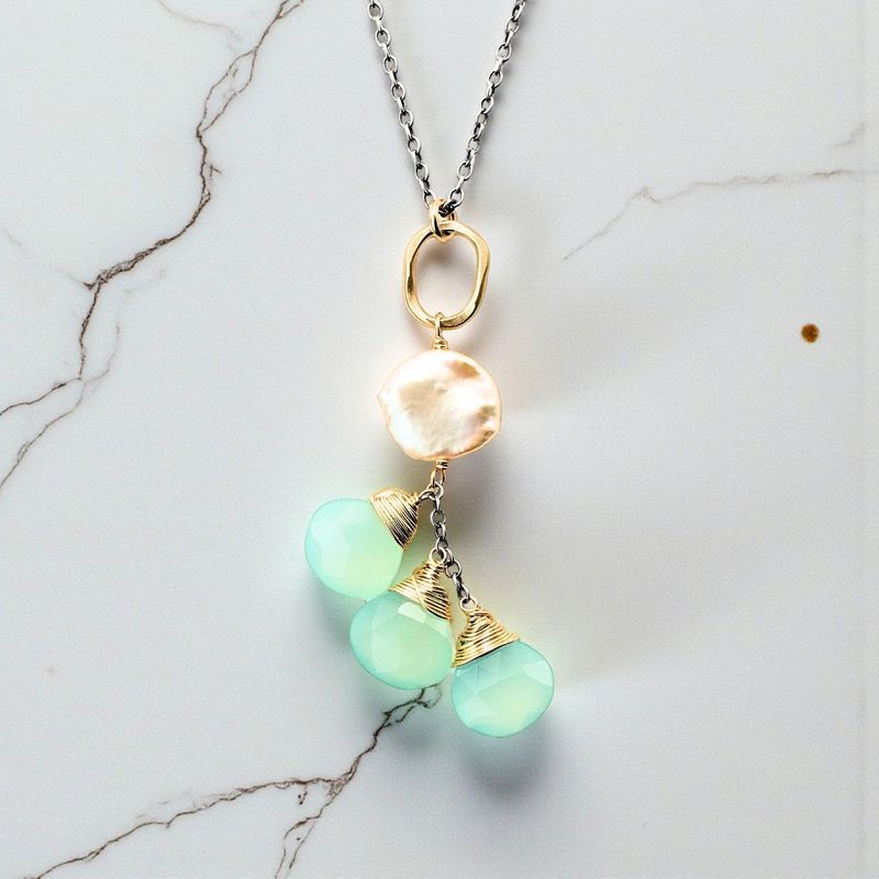 Handmade Chalcedony w/ Pearl on 14kt GF Link on Oxized Chain Necklace 17"