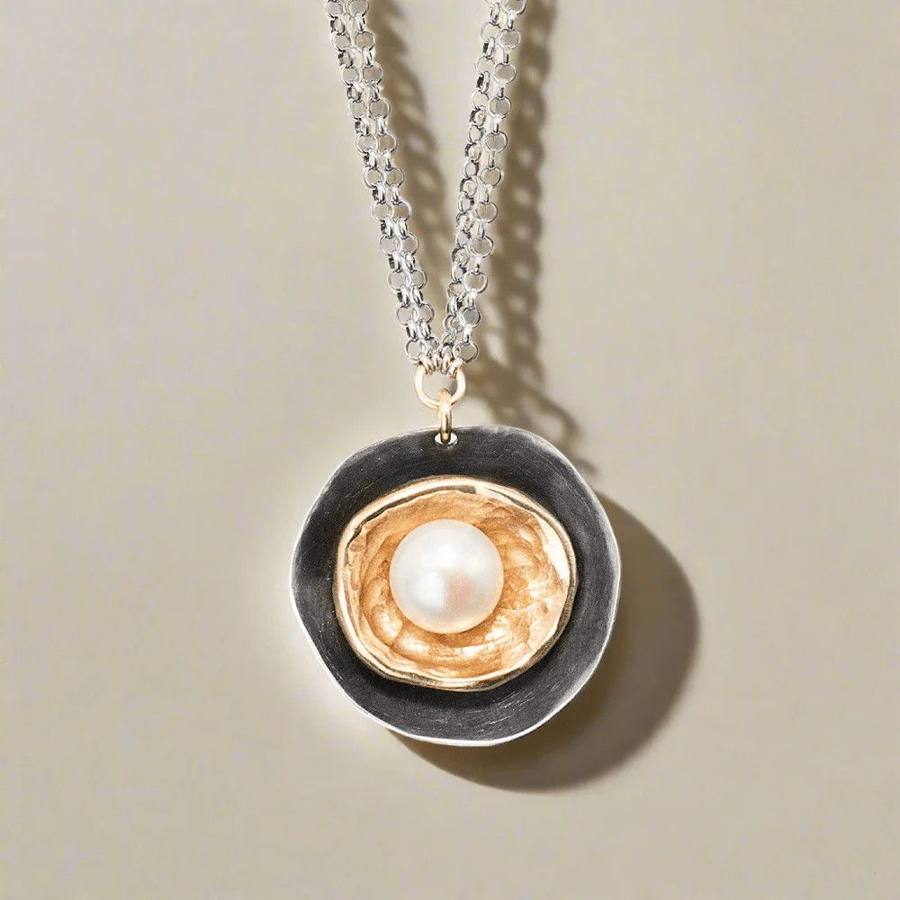 Moonlit Embrace White Pearl with Oxizided Sterling + Bronze Cup Necklace