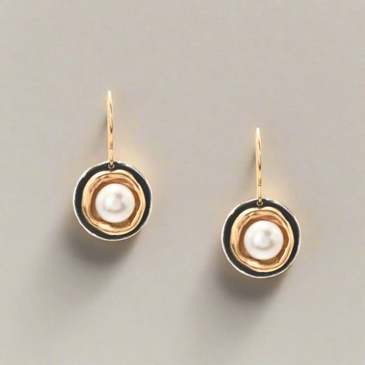 Moonlit Embrace White Pearl with Oxizided Sterling + Bronze Cup Earrings