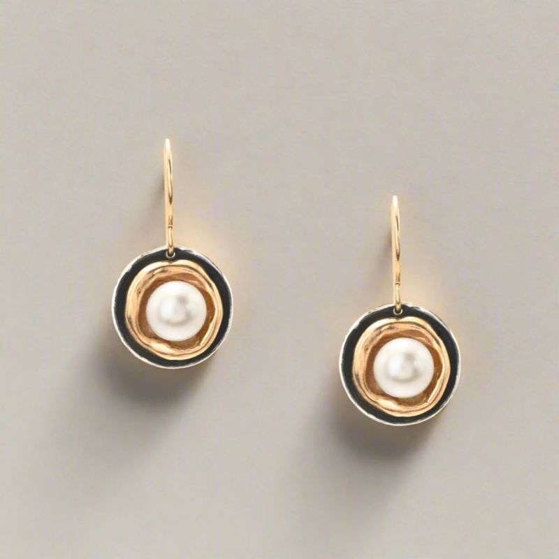 Moonlit Embrace White Pearl with Oxizided Sterling + Bronze Cup Earrings