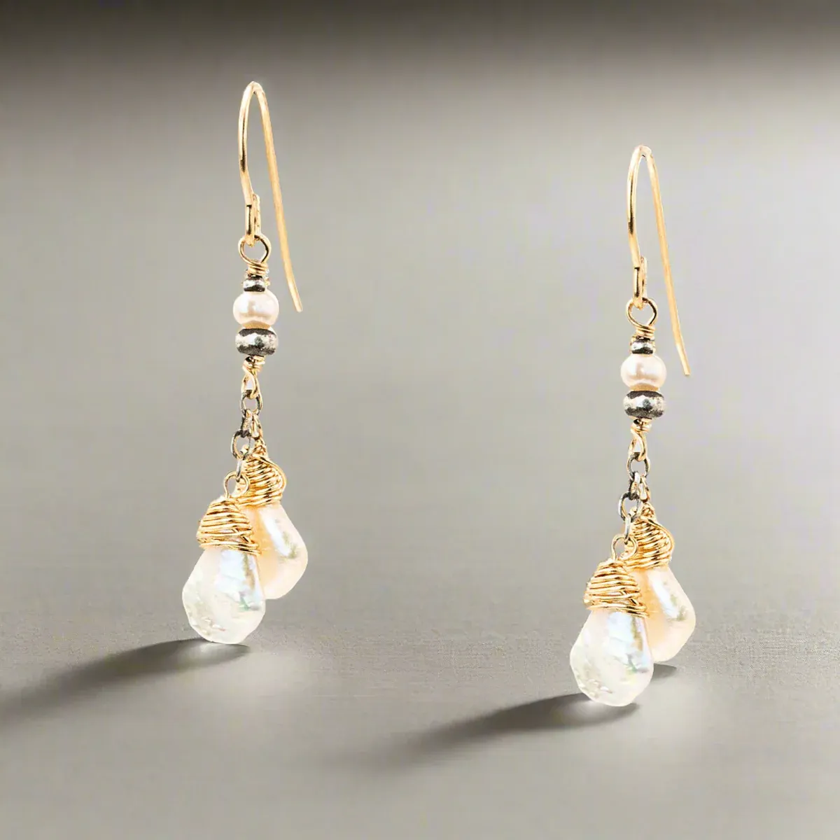 Handmade 14kt GF Wrapped White Keishi Pearl Earrings