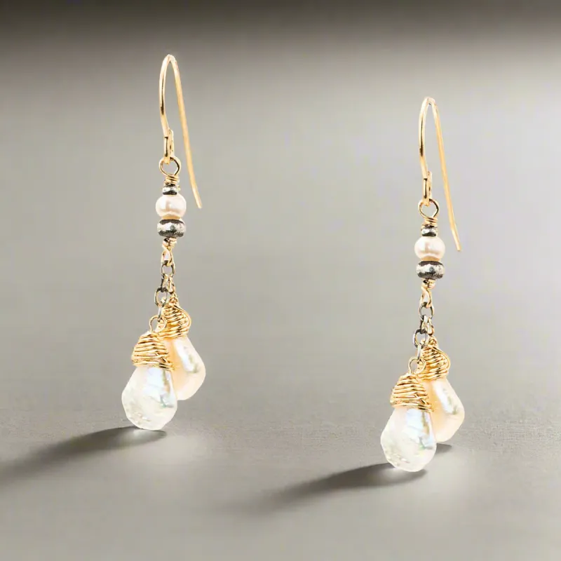 Handmade 14kt GF Wrapped White Keishi Pearl Earrings