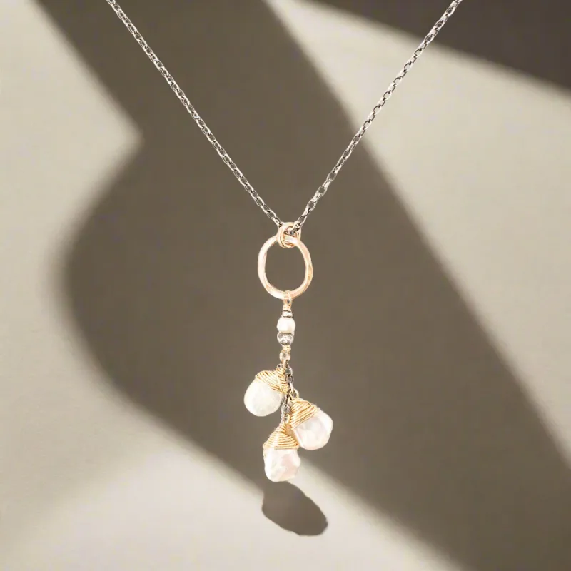 Handmade 3 Keishi Pearls hang from 14kt GF Link on Oxidized Chain Necklace