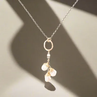Handmade 3 Keishi Pearls hang from 14kt GF Link on Oxidized Chain Necklace