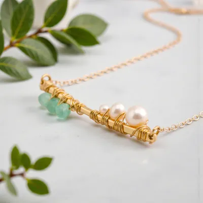 Handmade Aqua Chalcedony and White Pearl Wrapped Gold Fill Bar Necklace by J&amp;I