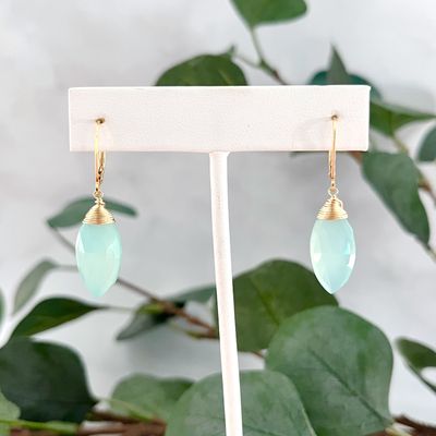 Handmade Aqua Chalcedony Marquis Earrings with Gold Fill Wire Wrap and Leverback