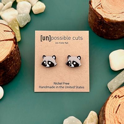 Raccoon Lasercut Wood Earrings on Sterling Silver Posts