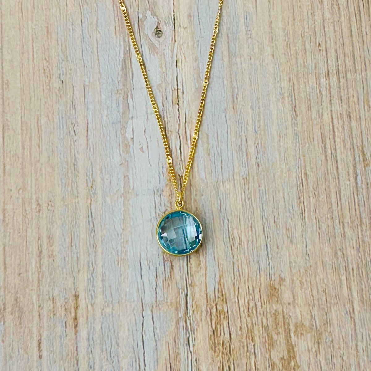 Round Swiss Blue Topaz Necklace, Gold Vermeil, 16" w/ 2" Extender