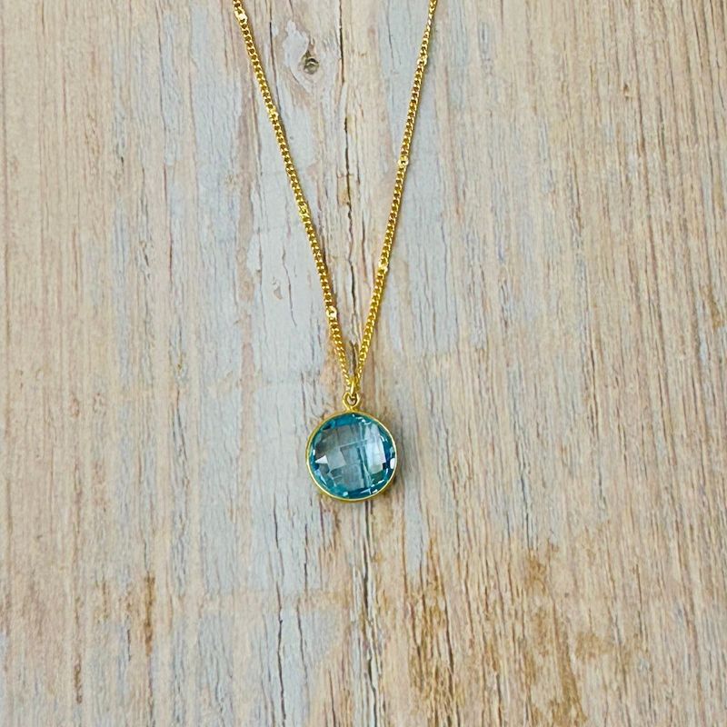 Round Swiss Blue Topaz Necklace, Gold Vermeil, 16" w/ 2" Extender