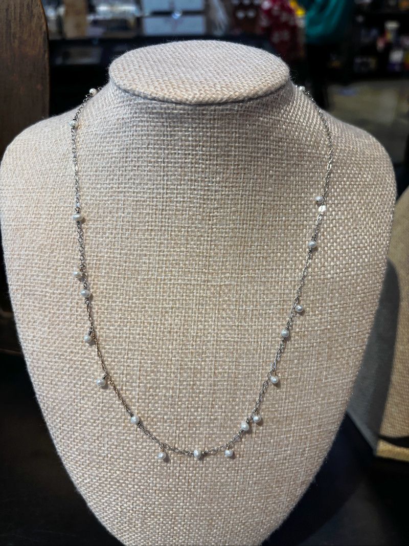 Handmade Necklace with connected pearls, lightly oxidized chain, 14 k gold chain