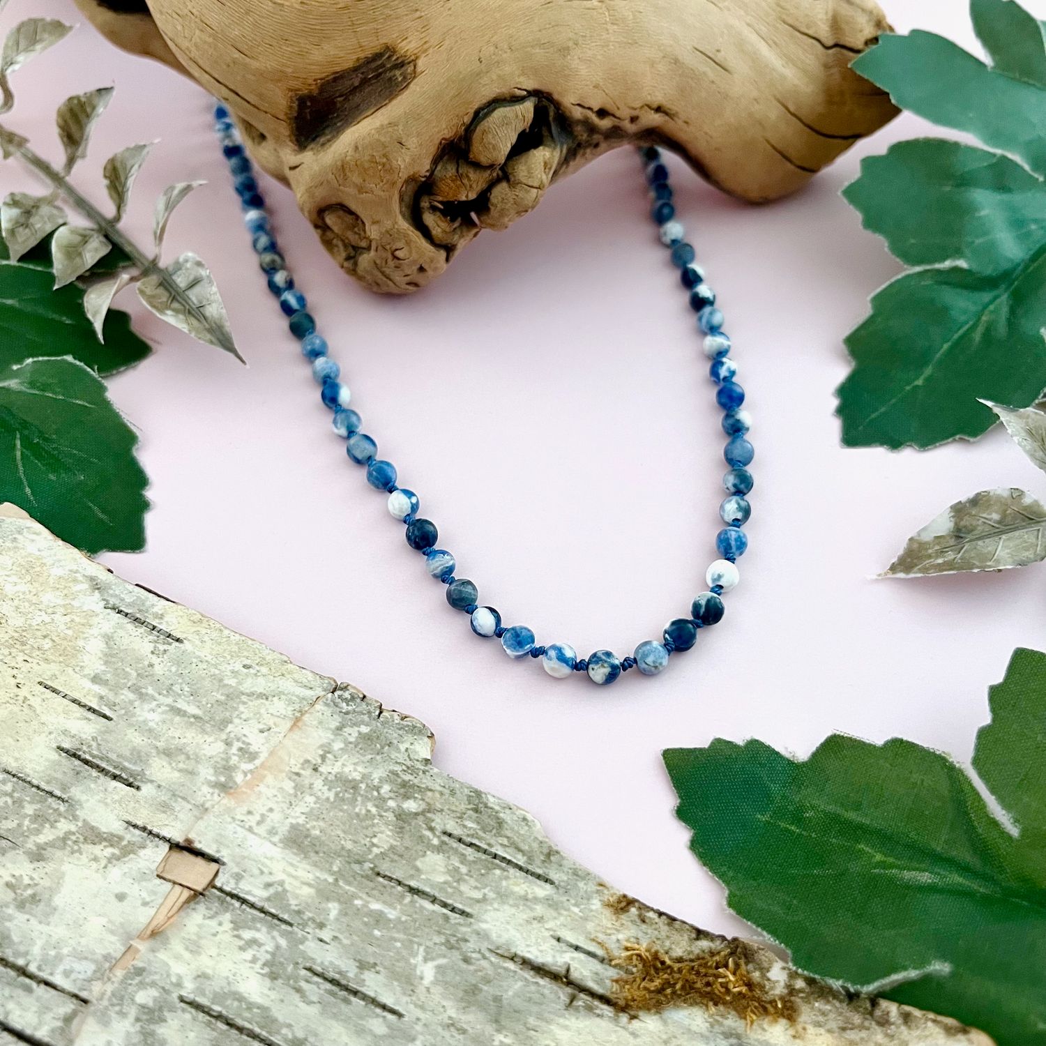 Handmade Necklace with sodalite, white pearl knotted on hand dyed blue silk w/toggle