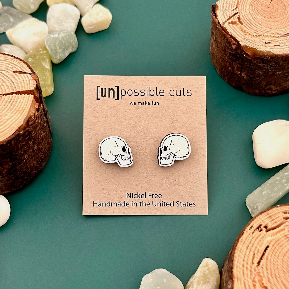 Skull Lasercut Wood Earrings on Sterling Silver Posts