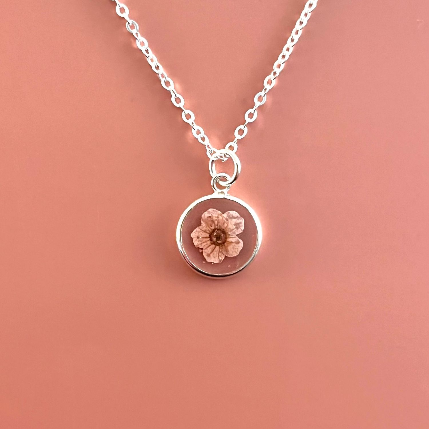 Pressed Flower Necklace in Silver, Style: Pink Flower, Length: 16"