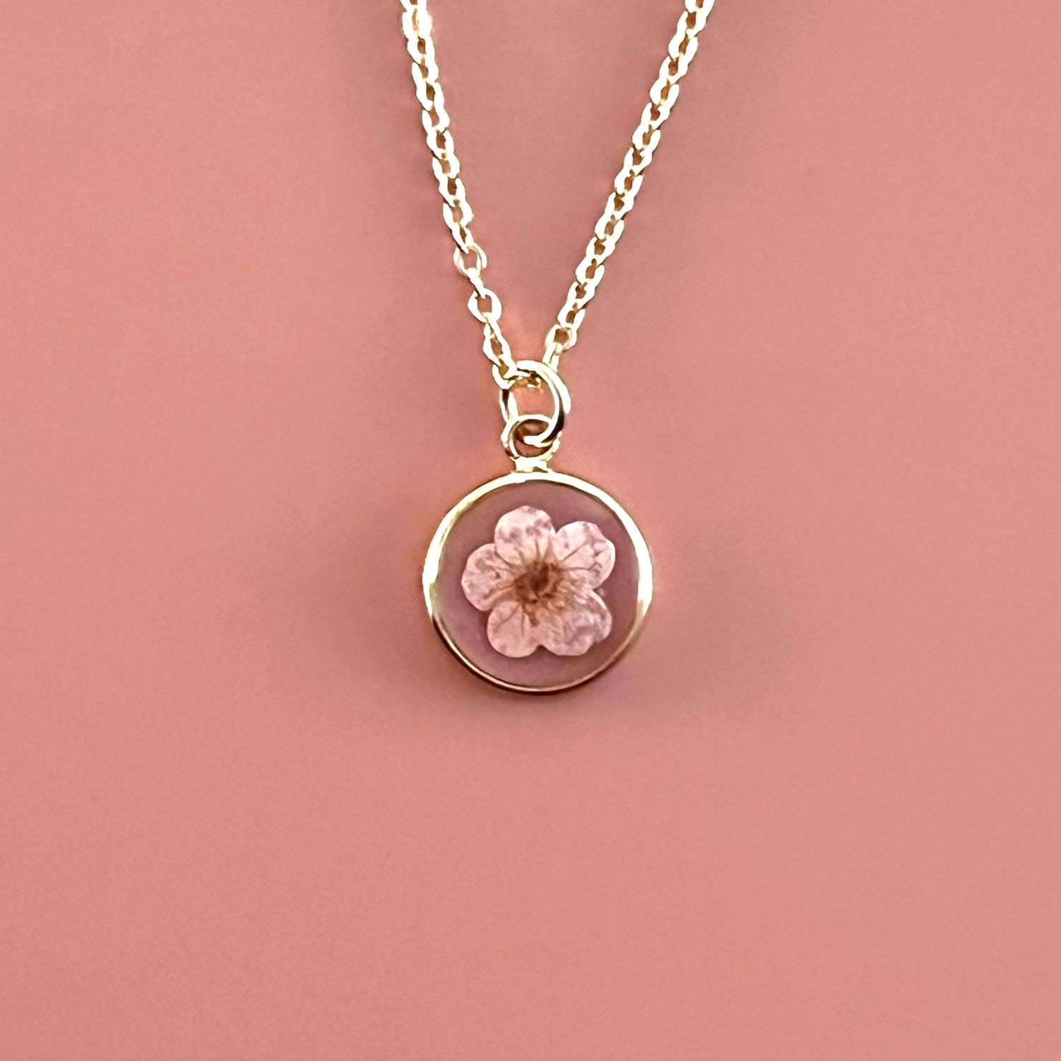 Pressed Flower Necklace in Goldfill, Style: Pink Flower, Length: 16"