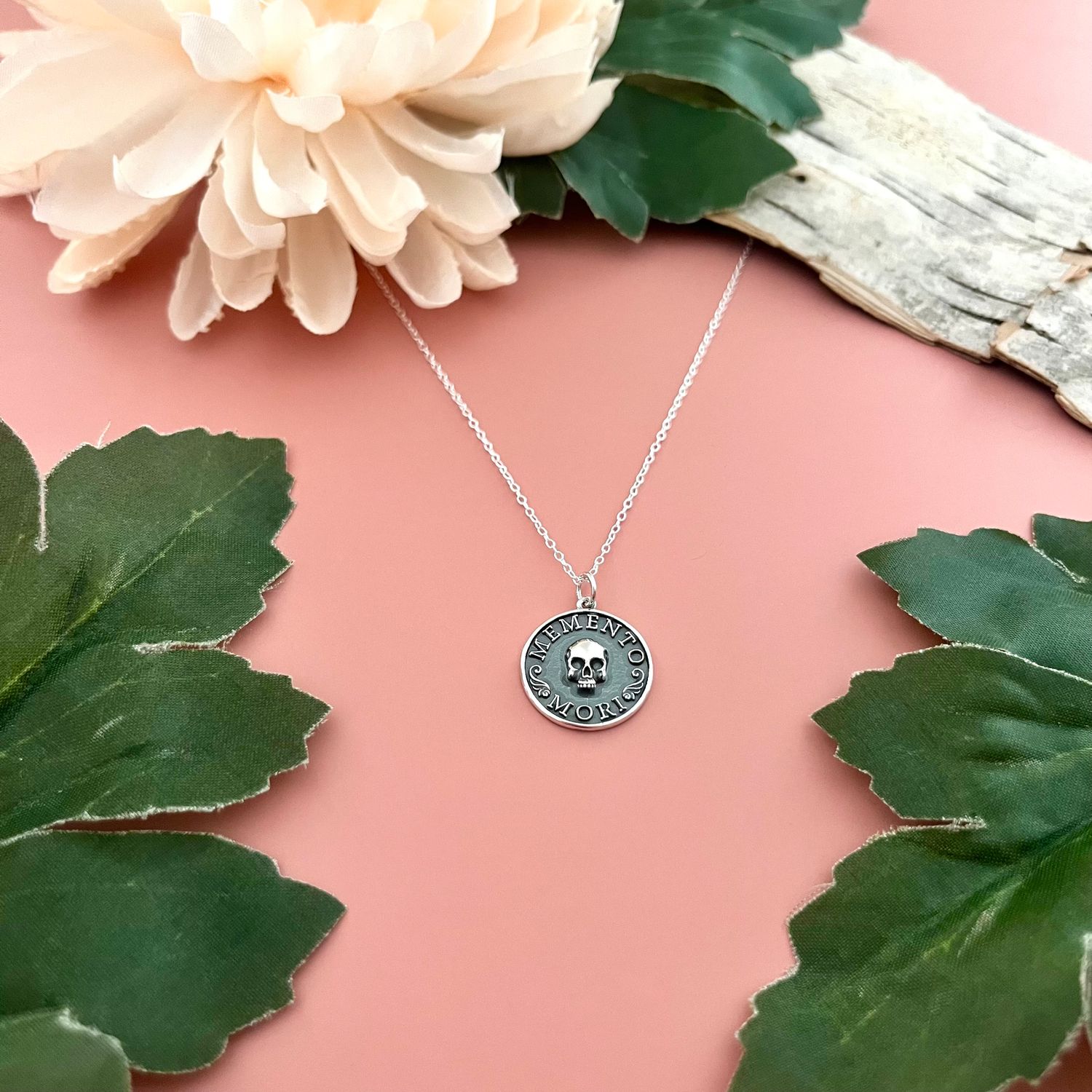 Silver Memento Mori Skull Charm Necklace, 16-18"