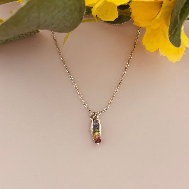 Handmade Necklace with multi-colored sapphire rainbow down, silver oval