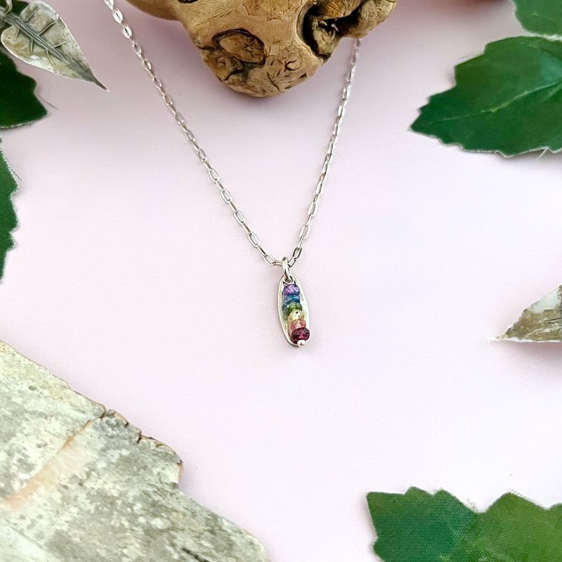 Handmade Necklace with multi-colored sapphire rainbow down, silver oval