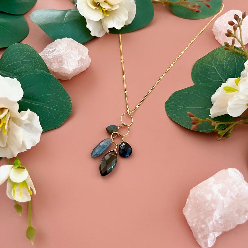 Handmade labradorite, kyanite, &amp; topaz cluster necklace, gold vermeil