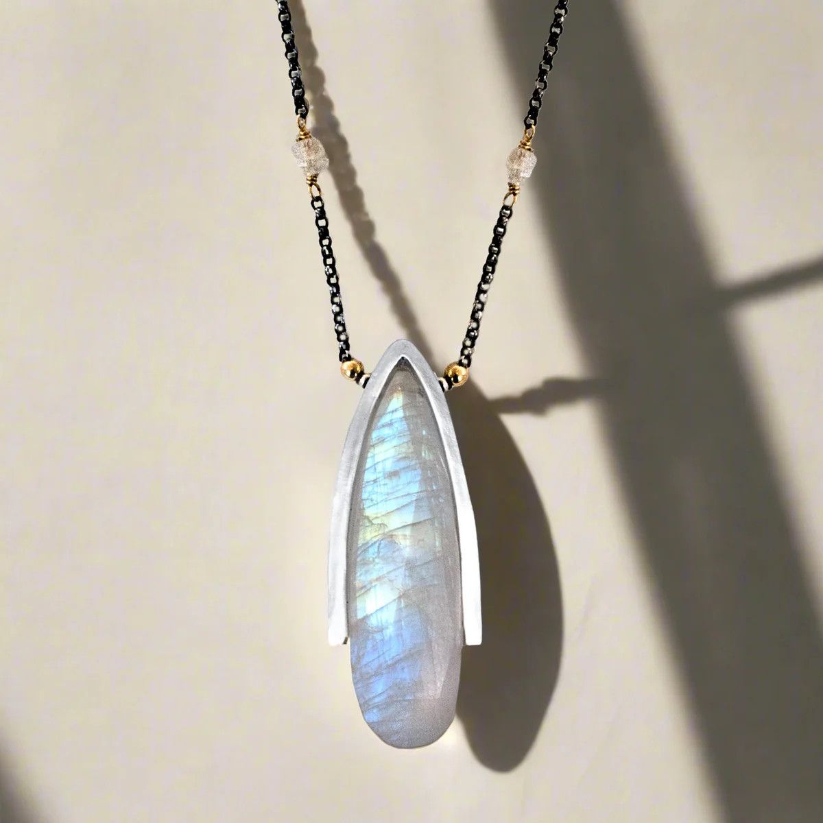 30mm Moonstone Drop Pendant on Oxidized Silver Chain with Stations