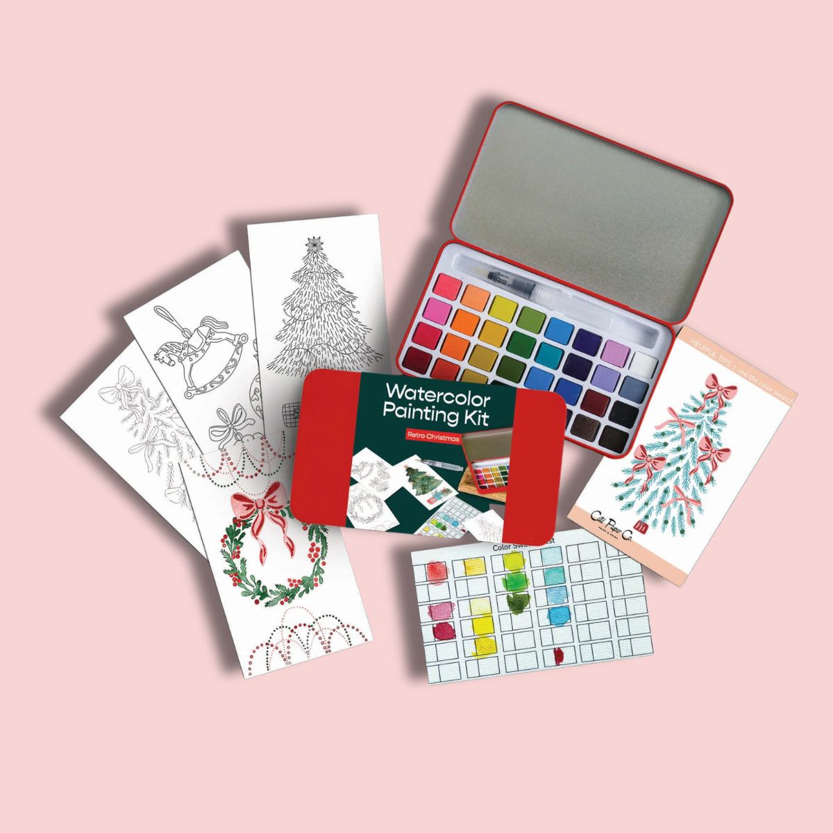 Retro Red Christmas Watercolor Painting Kit