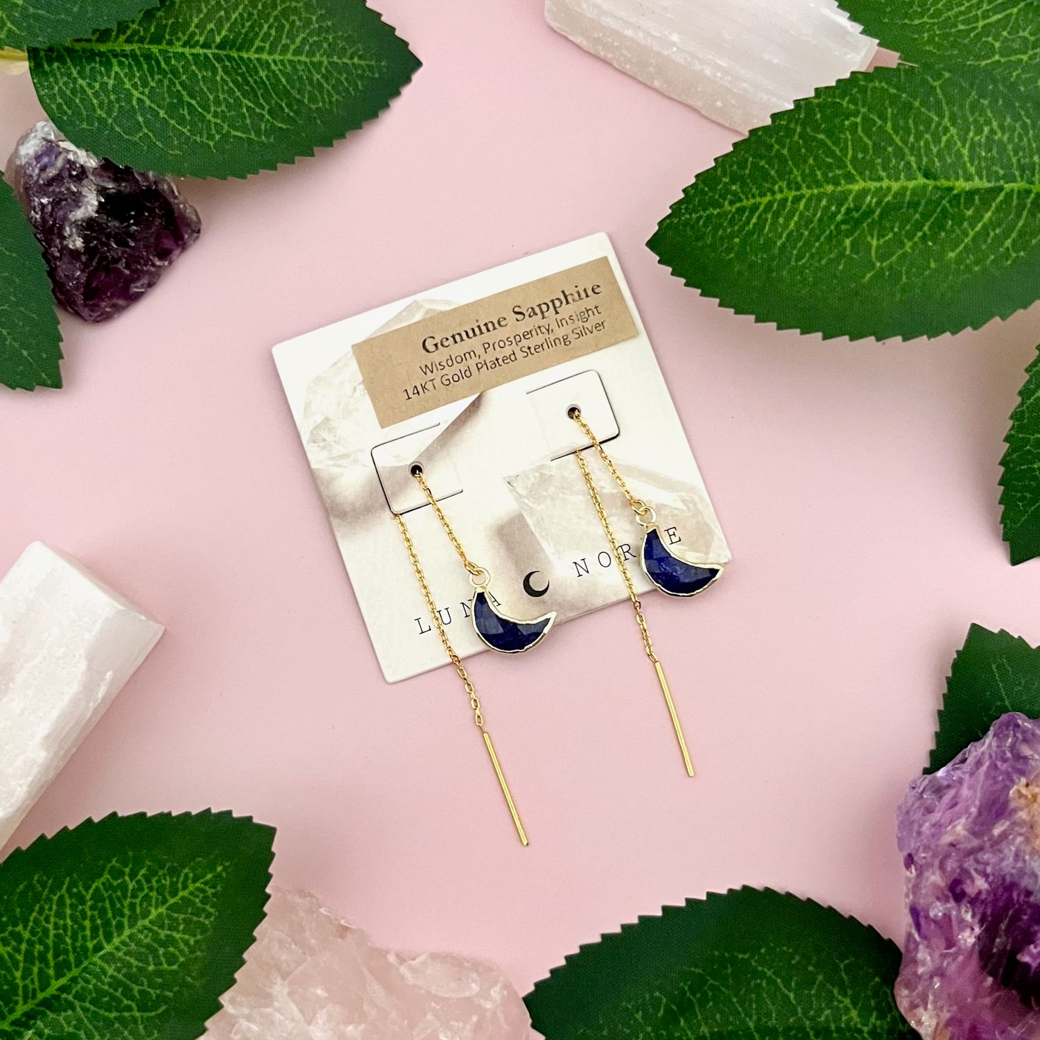 Eclipse Crescent Moon Sapphire Threader Earrings, GV