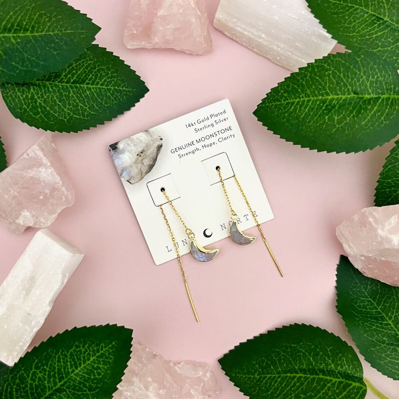 Eclipse Crescent Moon Moonstone Threader Earrings, GV