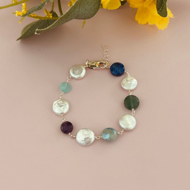 Handmade Bracelet with connected white coin pearl, chrysoprase, larimar, peruvian chalcedony, lapis