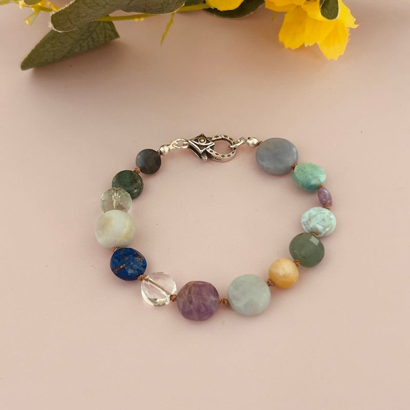 Handmade Bracelet with knotted on tan silk, angelite, amazonite, lepidolite, larimar, chrysoprase, aquamarine, amethyst, quartz, lapis, fluorite, chrysocolla, trolleite