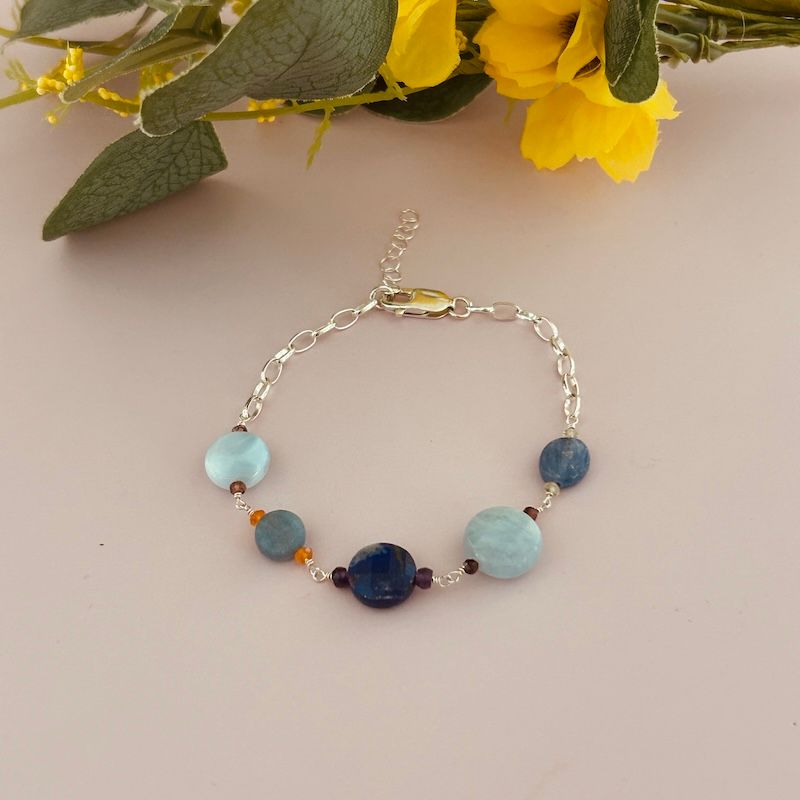 Handmade Bracelet with larimar, garnet, trolleite, carnelian, lapis, amethyst, aquamarine, garnet, kyanite, peridot, on oval chain