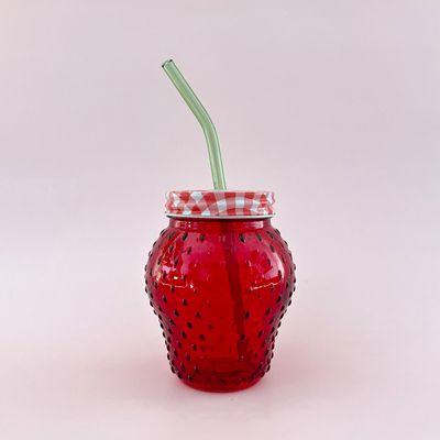 16 oz. Strawberry Shaped Glass with Lid &amp; Glass Straw