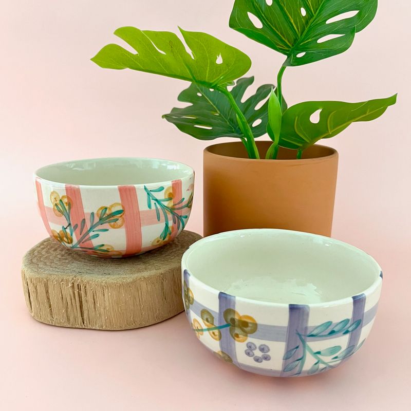 Hand-Painted Stoneware Bowl with Grid Pattern