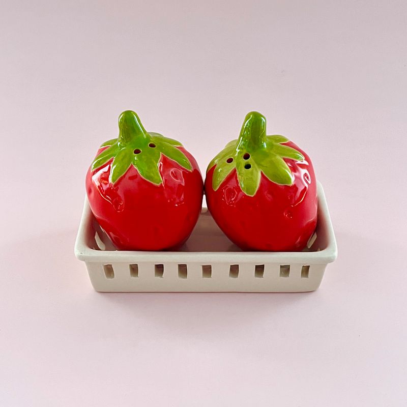 Stoneware Strawberry Shaped Salt &amp; Pepper Shakers with Berry Basket