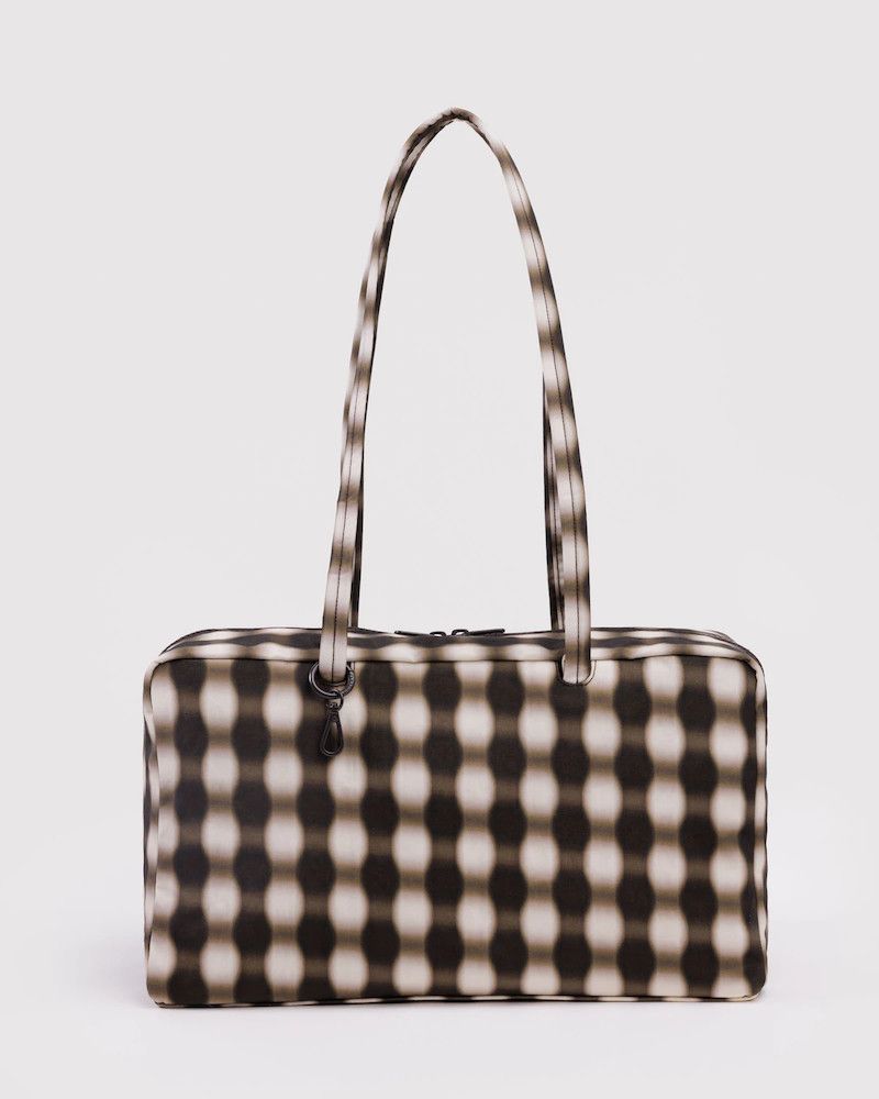 SS26 Baggu Medium Nylon Bowler Bag, Style: Blurred Gingham Brown