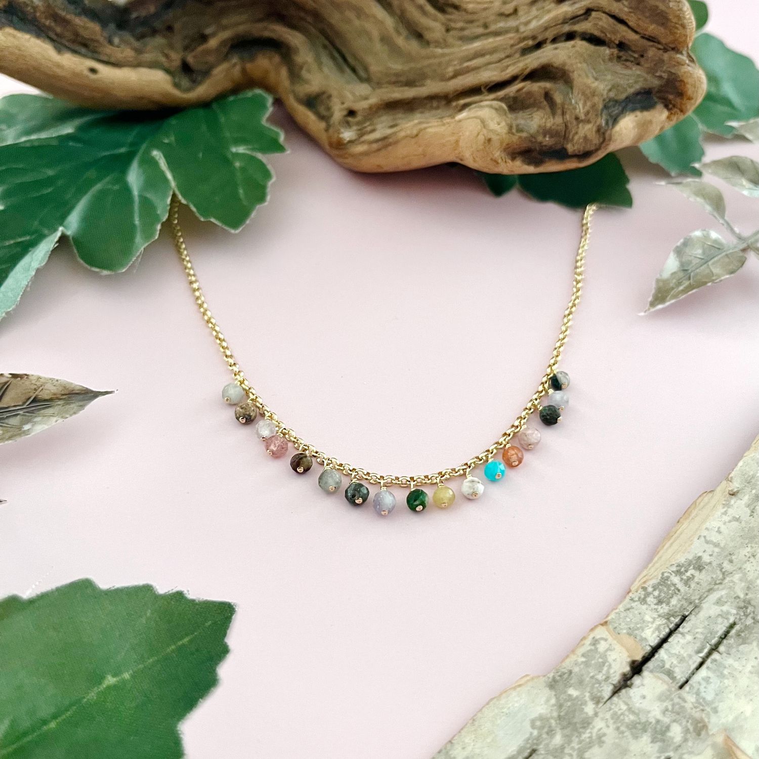 Handmade 14k goldfill Necklace with assorted gemstones dangle across