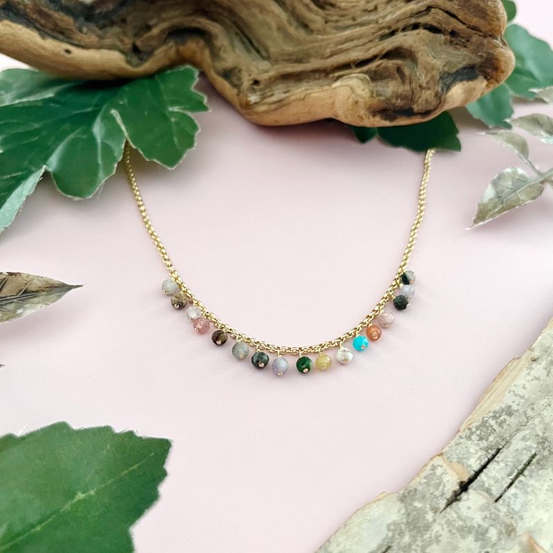 Handmade 14k goldfill Necklace with assorted gemstones dangle across