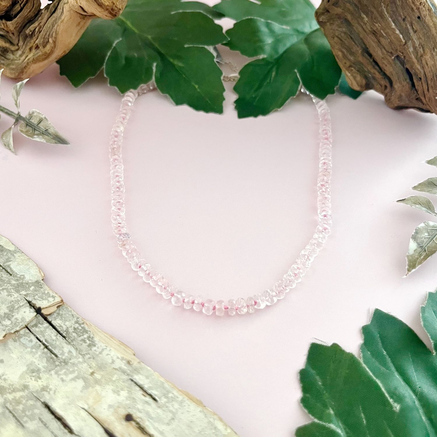 Handmade Necklace with rose quartz heishi knotted on hand dyed pink silk, silver clasp