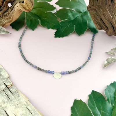 Handmade Necklace with labradorite, tanzanite, shiny 1/2 circle