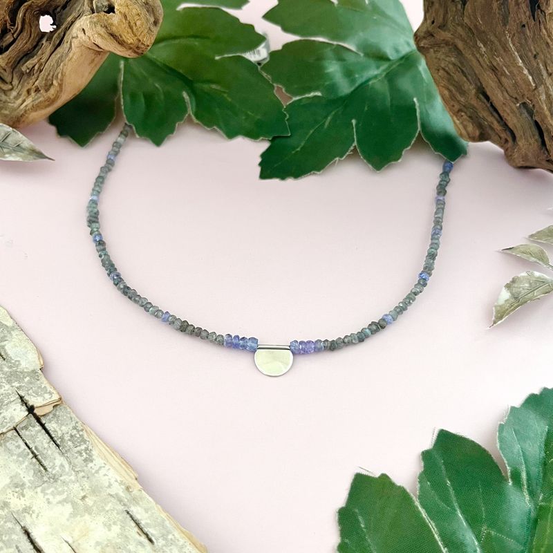 Handmade Necklace with labradorite, tanzanite, shiny 1/2 circle