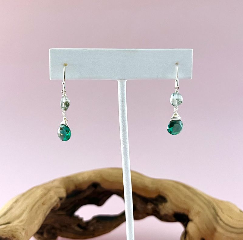 Handmade Earrings with indicolite quartz, moss agate coin