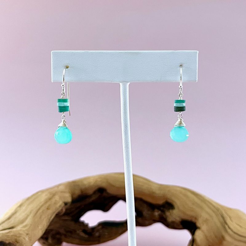 Handmade Earrings with peruvian chalcedony briolette, stack 3 sea glass