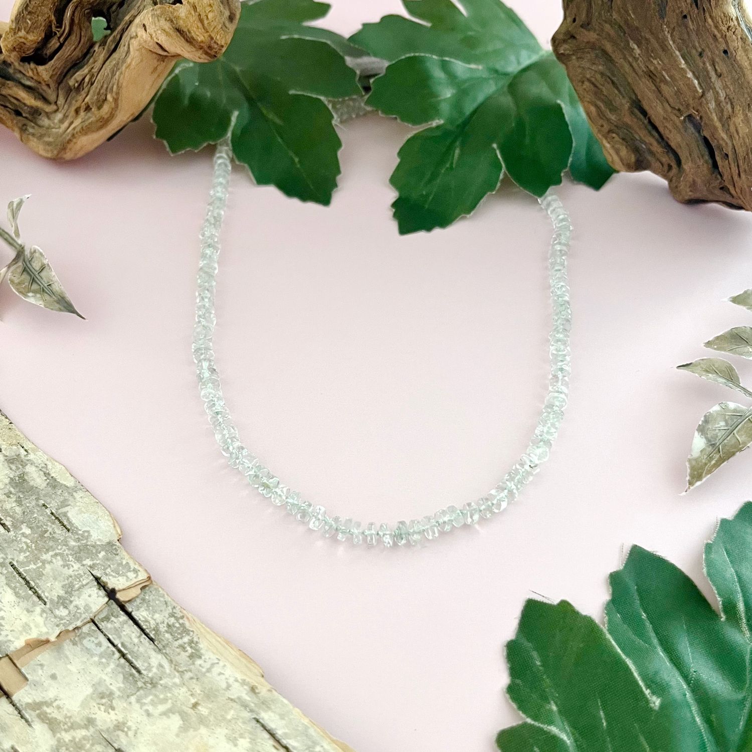 Handmade Necklace with green amethyst heishi knotted on hand dyed green silk, silver clasp