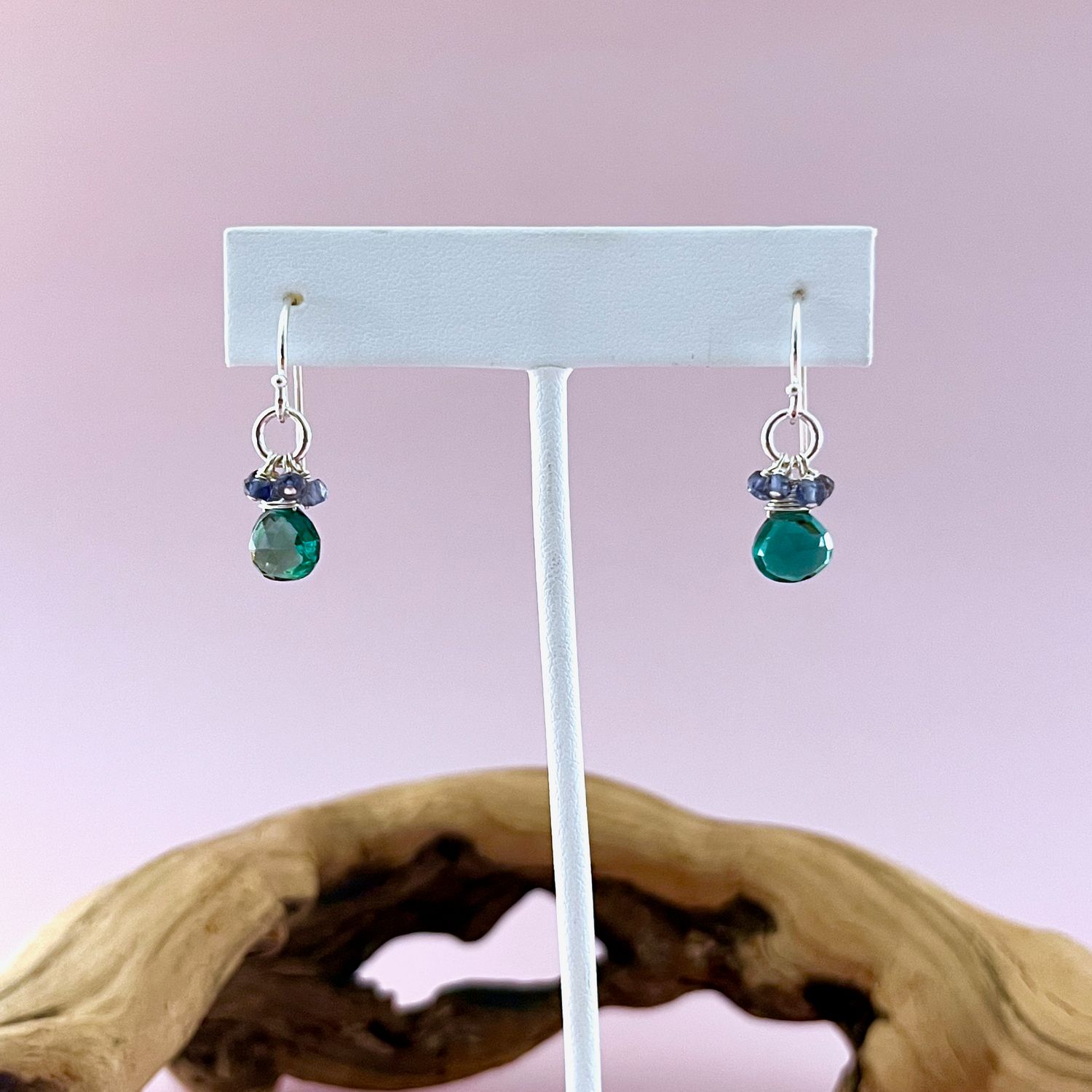 Handmade Earrings with cluster indicolite quartz briolette, iolite