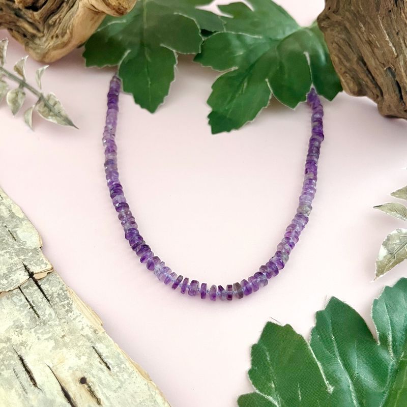 Handmade Necklace with amethyst heishi knotted on hand dyed purple silk, silver clasp