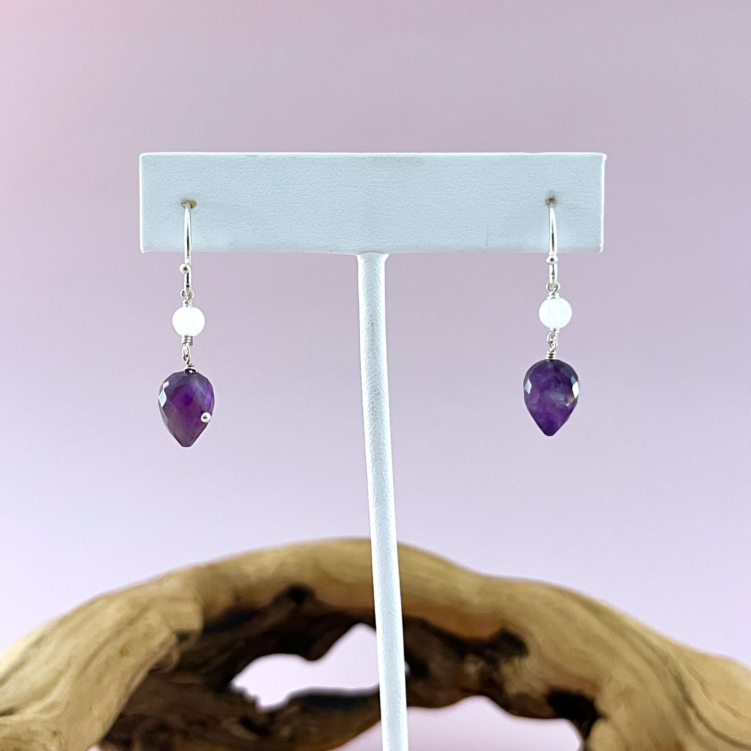 Handmade Earrings with amethyst, moonstone coin