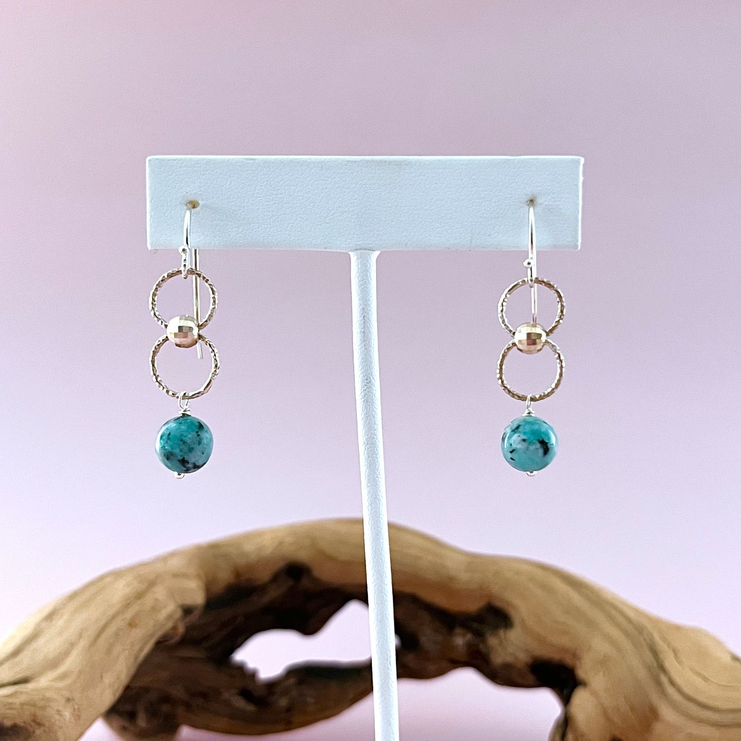Handmade Earrings with 2 textured rings, silver disco ball, sesame jasper