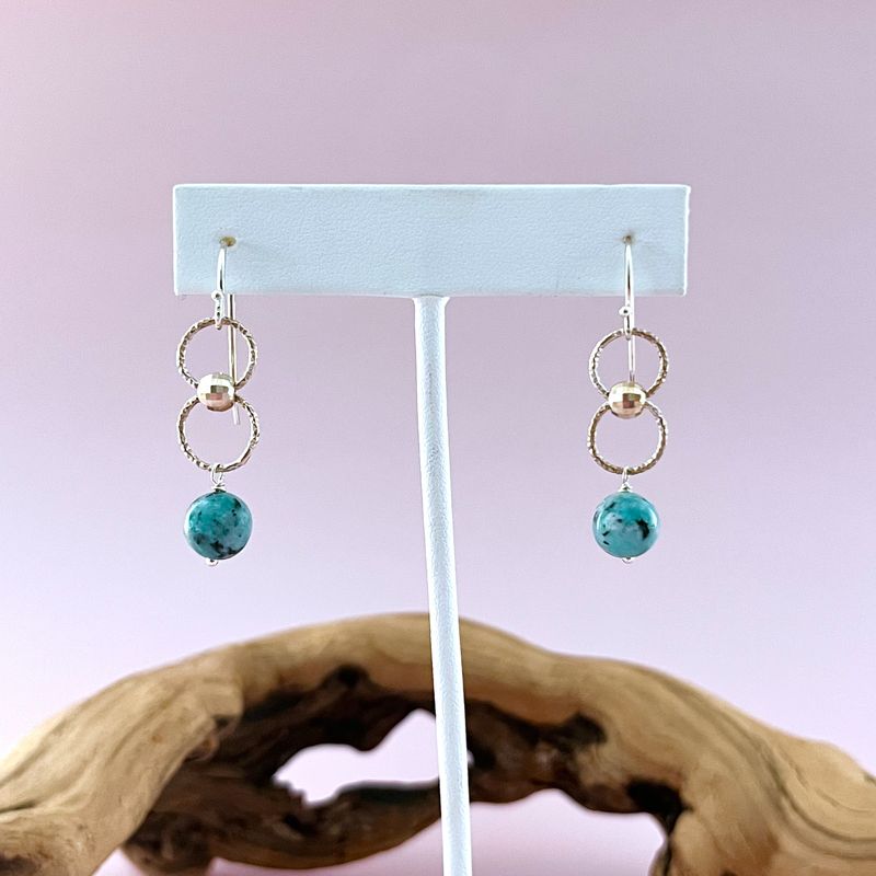 Handmade Earrings with 2 textured rings, silver disco ball, sesame jasper