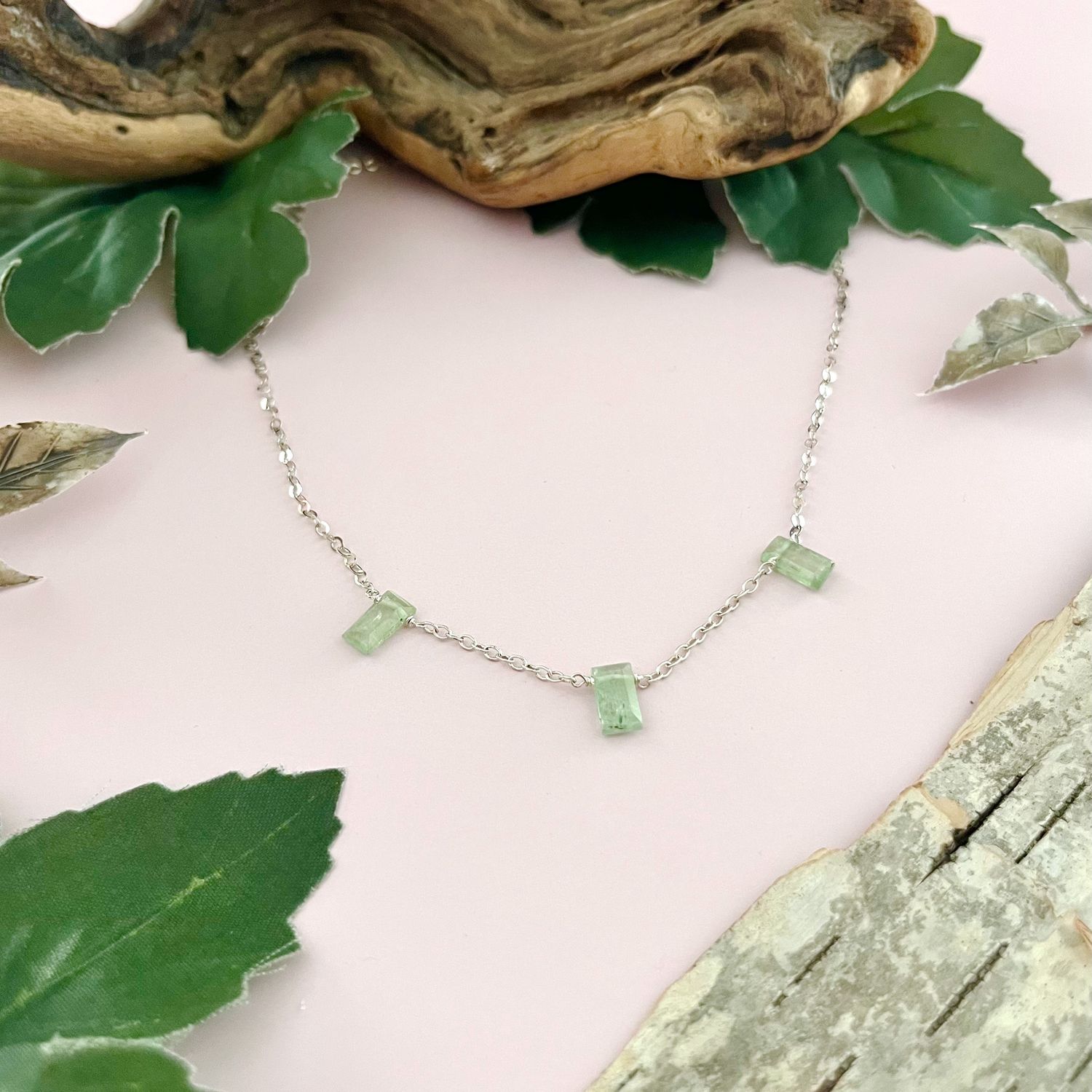 Handmade Silver Necklace with 3 green kyanite rectangles
