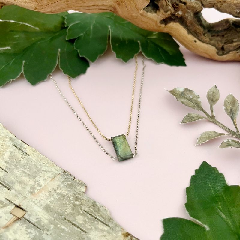 Double Strand Necklace with labradorite rectangle, sterling silver and goldfill