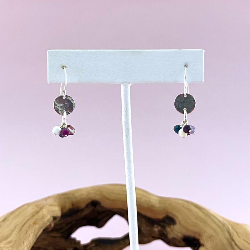 Handmade silver earrings with hammered silver disc and assorted gemstone dangle