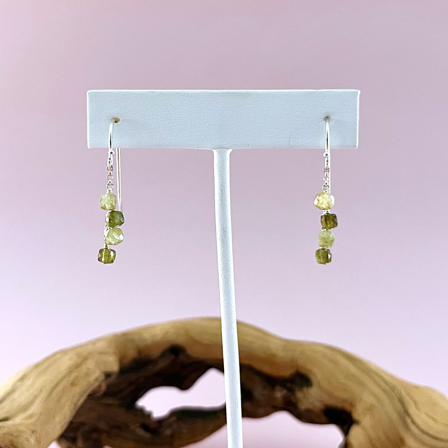 Handmade Silver Dangle Earrings with 4 Green Garnet cubes